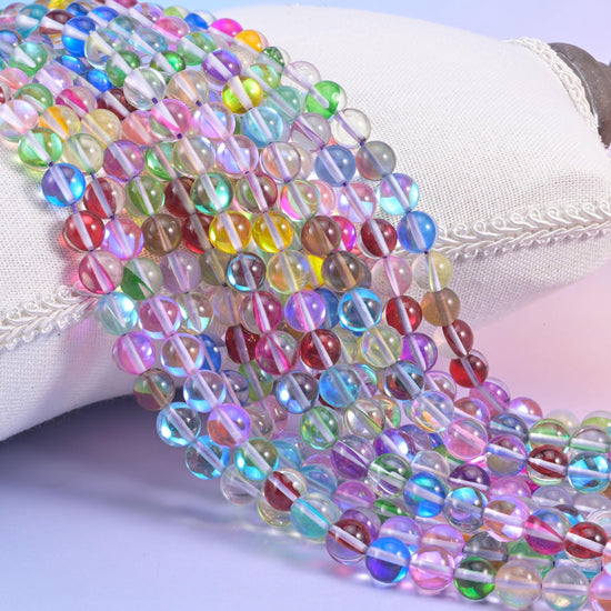 Iridescent Rainbow Round Glass Beads, glossy glass with rainbow shimmer