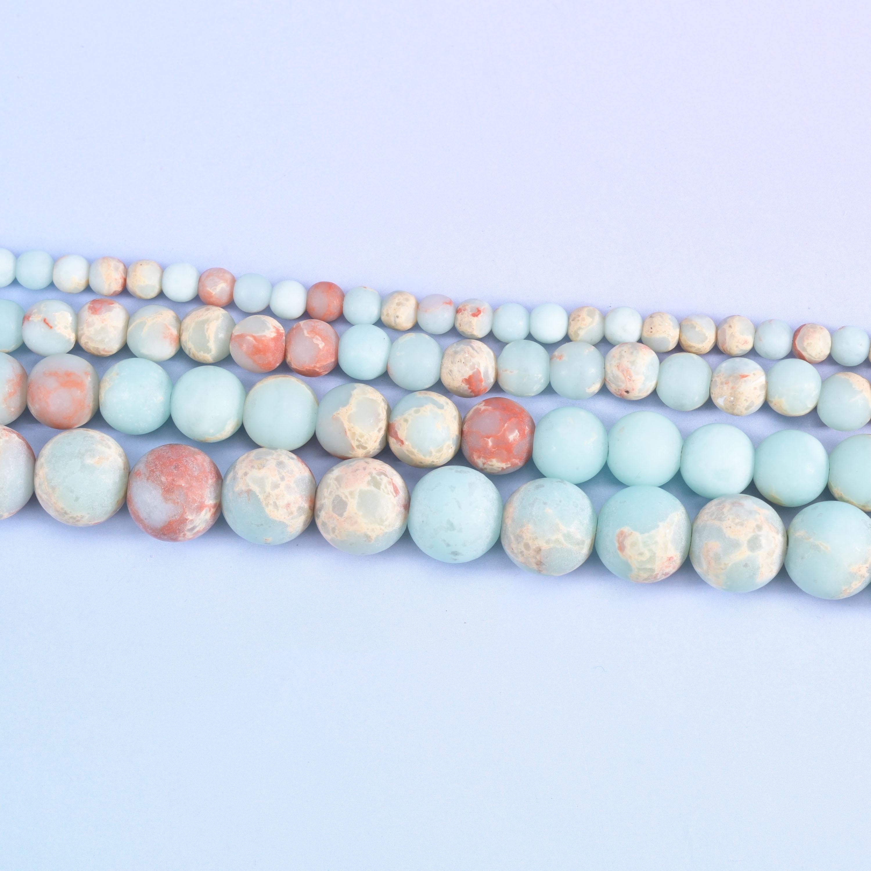 Pale Blue Shoushan Stone Matte Round Beads 4mm 6mm 8mm 10mm in pale powder blue with cream, sand and terracotta veining
