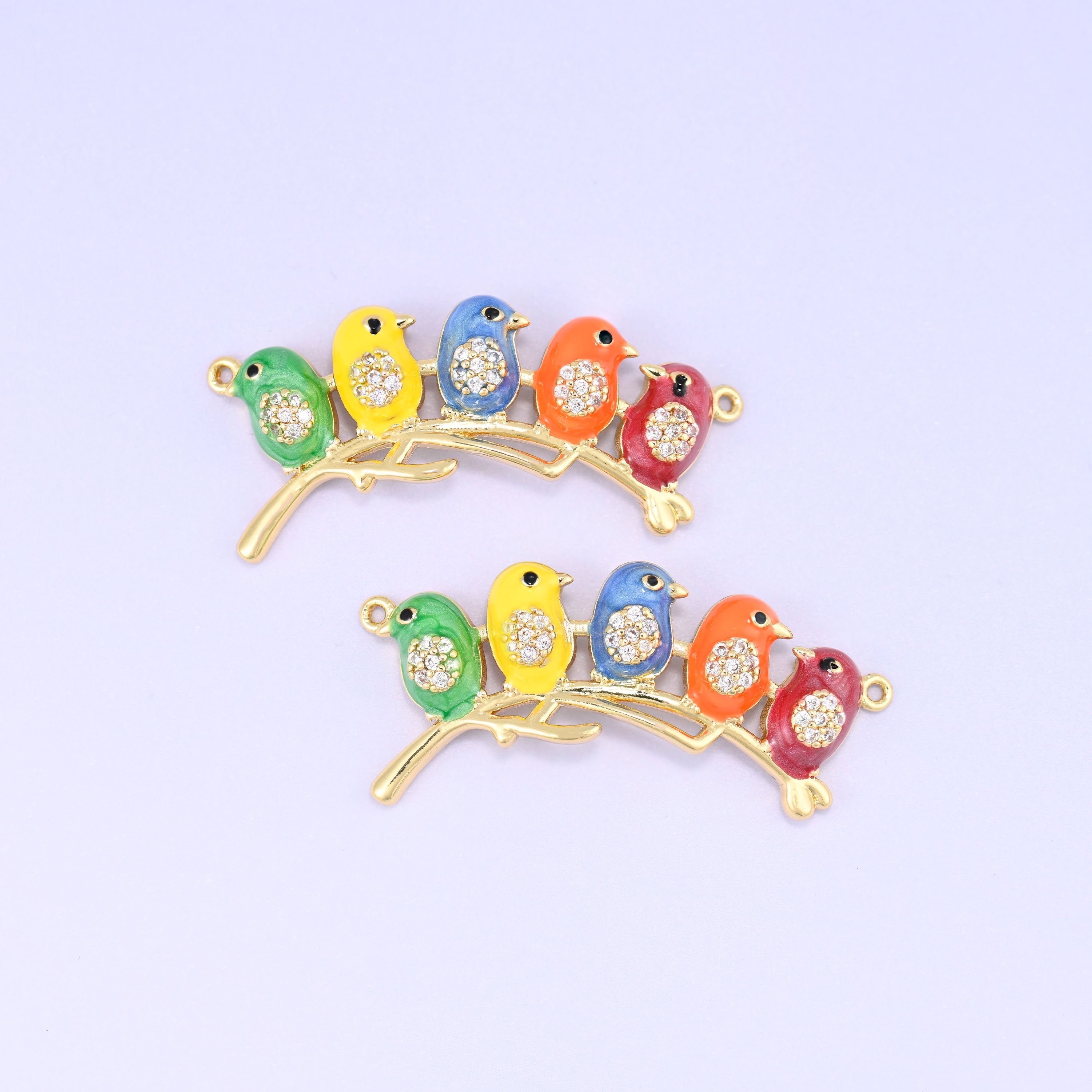 5 Birds on a Stick Double Connector Pendants in green, yellow, blue, orange and red enamel