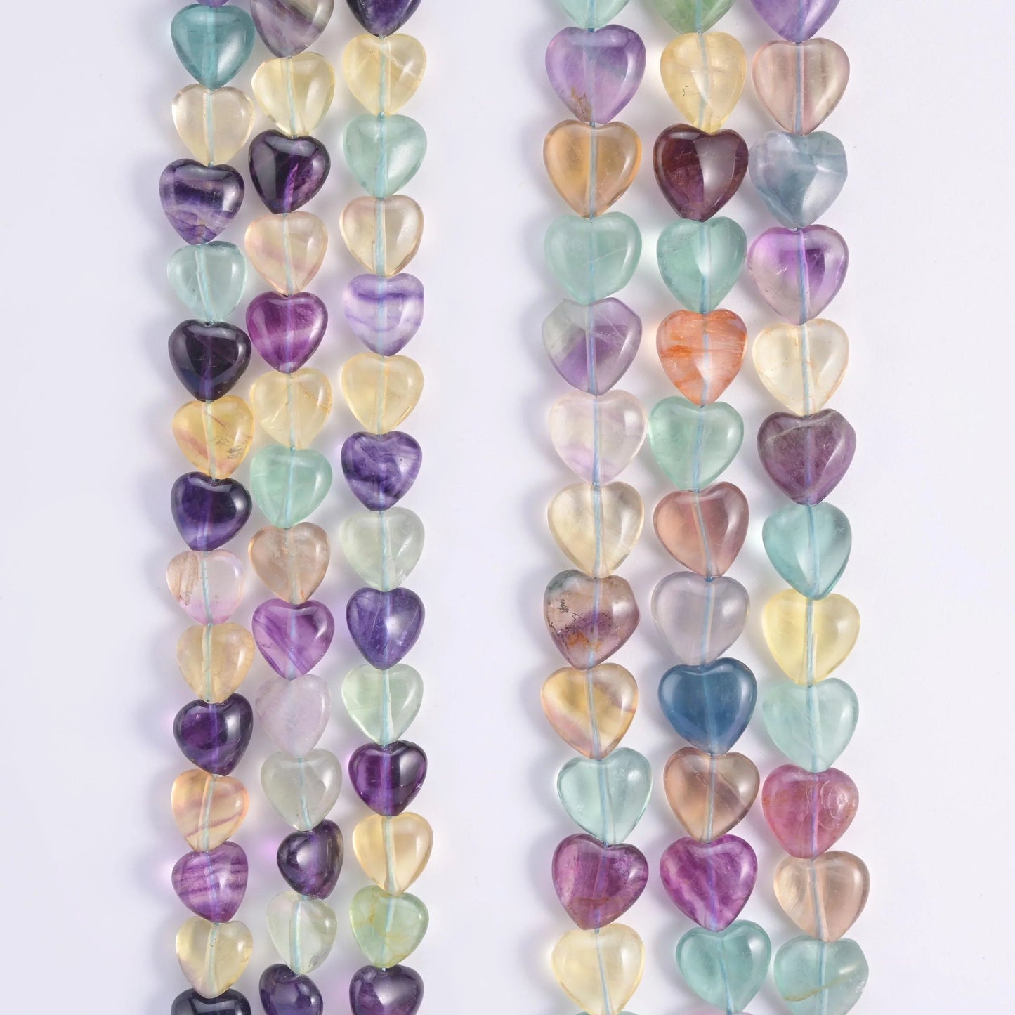 Rainbow Fluorite heart beads, 15.5 inch strand.