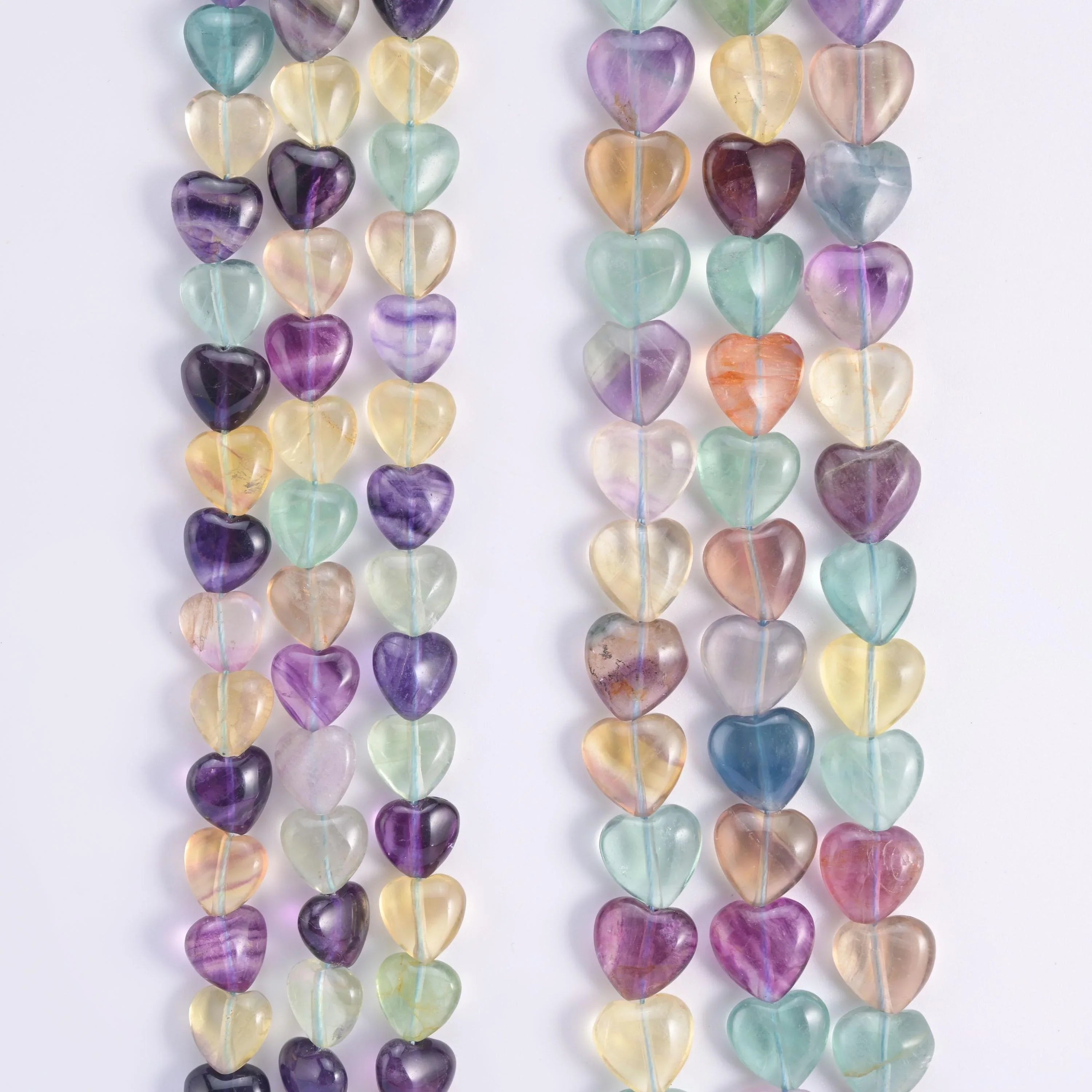 Rainbow Fluorite heart beads, 15.5 inch strand.