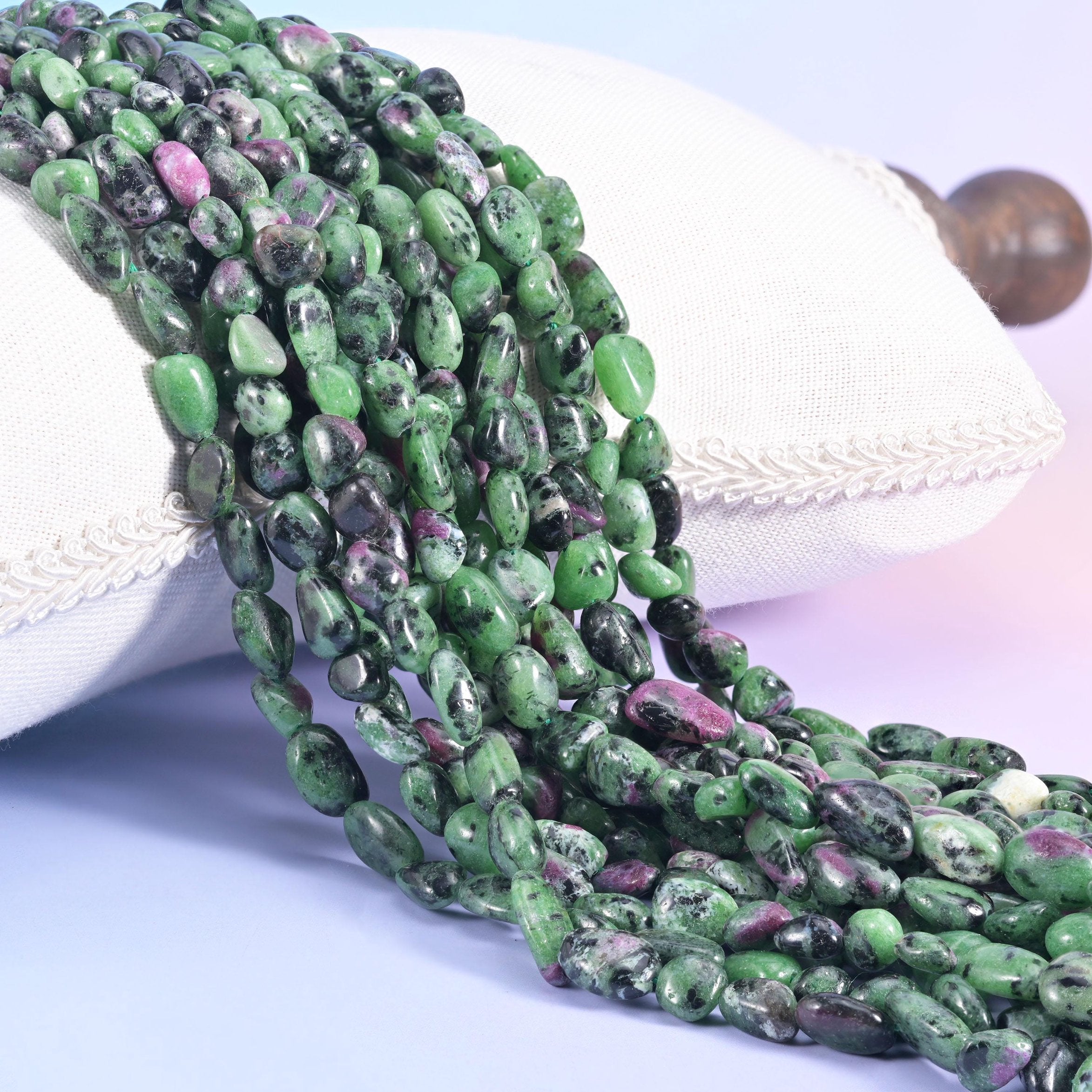 Ruby Zoisite Pebble Nugget Beads, bright apple green streaked with charcoal-black and raspberry-pink