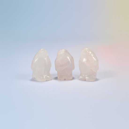 Three rose quartz penguin crystal carvings, 1.5 inch, light pink natural stone