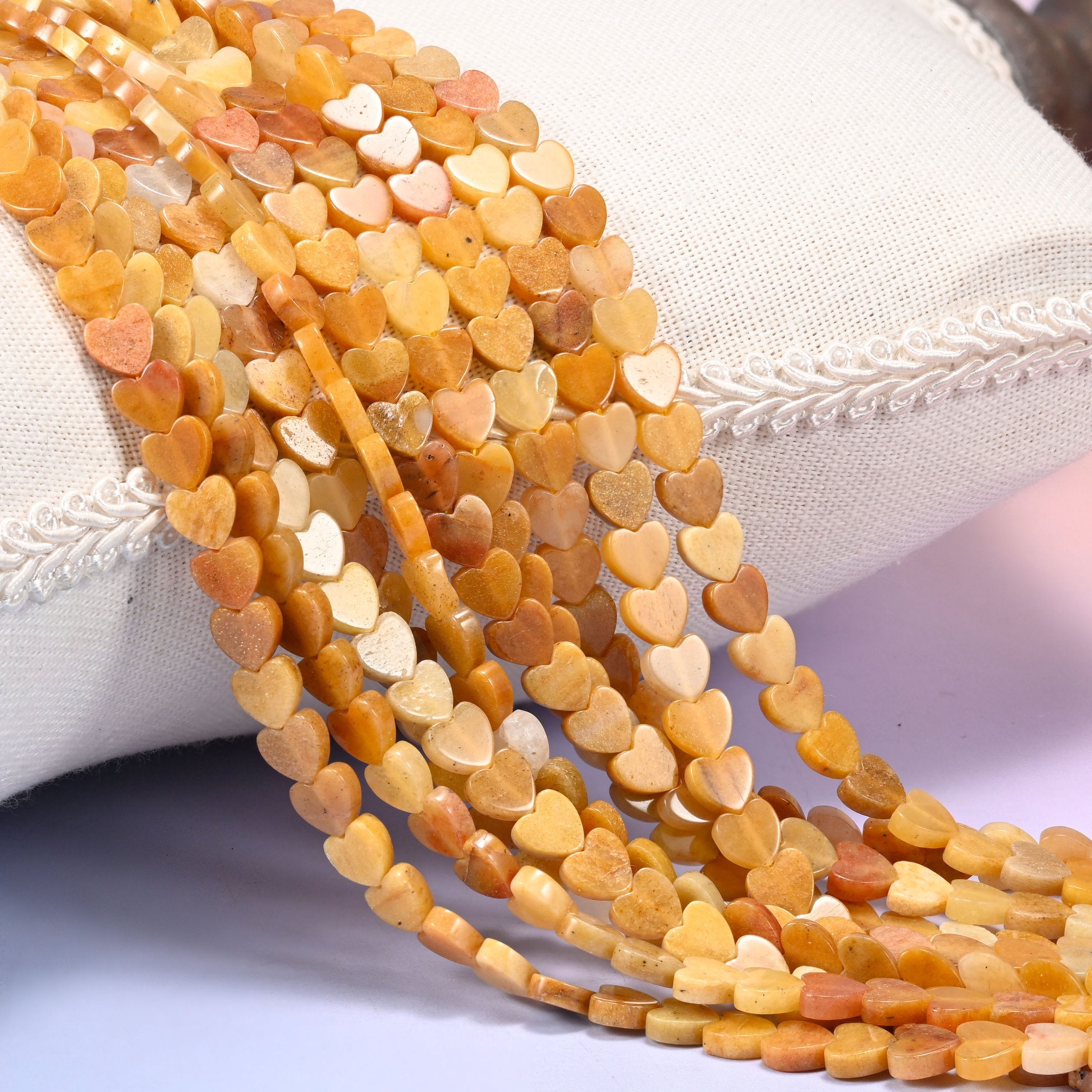 Gold Silk Jade Flat Heart Beads