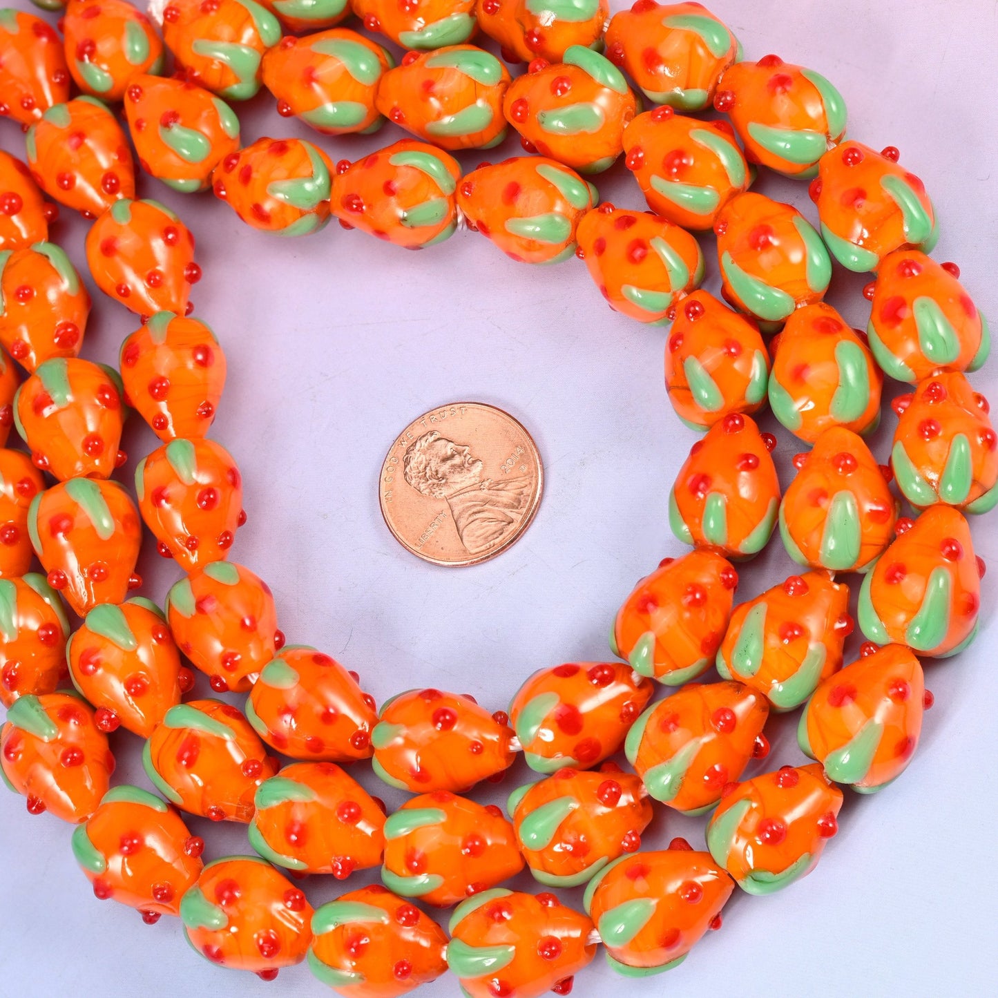 Orange Red Dots Strawberry Glass Beads, sold per 12 inch strand, 20 pieces