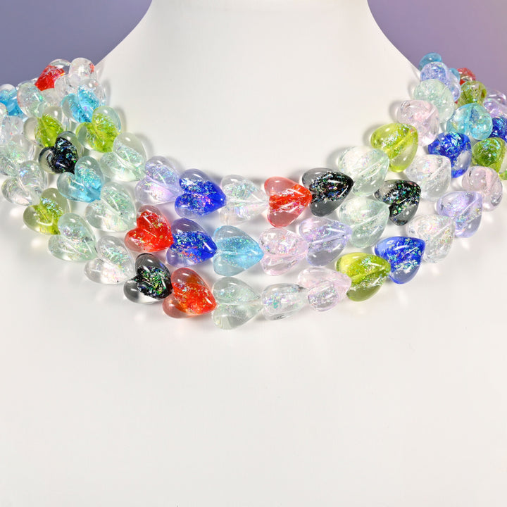 Iridescent glass heart beads, puffed shape, 16x15mm