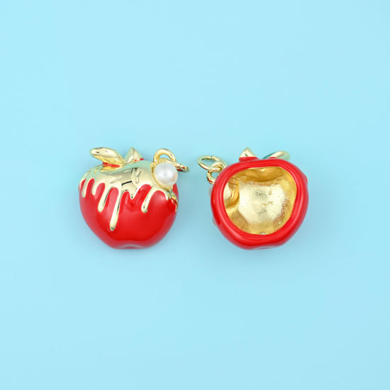 18K Gold Filled Enamel Red Apple Charm 15.7x15.1mm in pillar-box red with a white icing drip, gold stem and leaf
