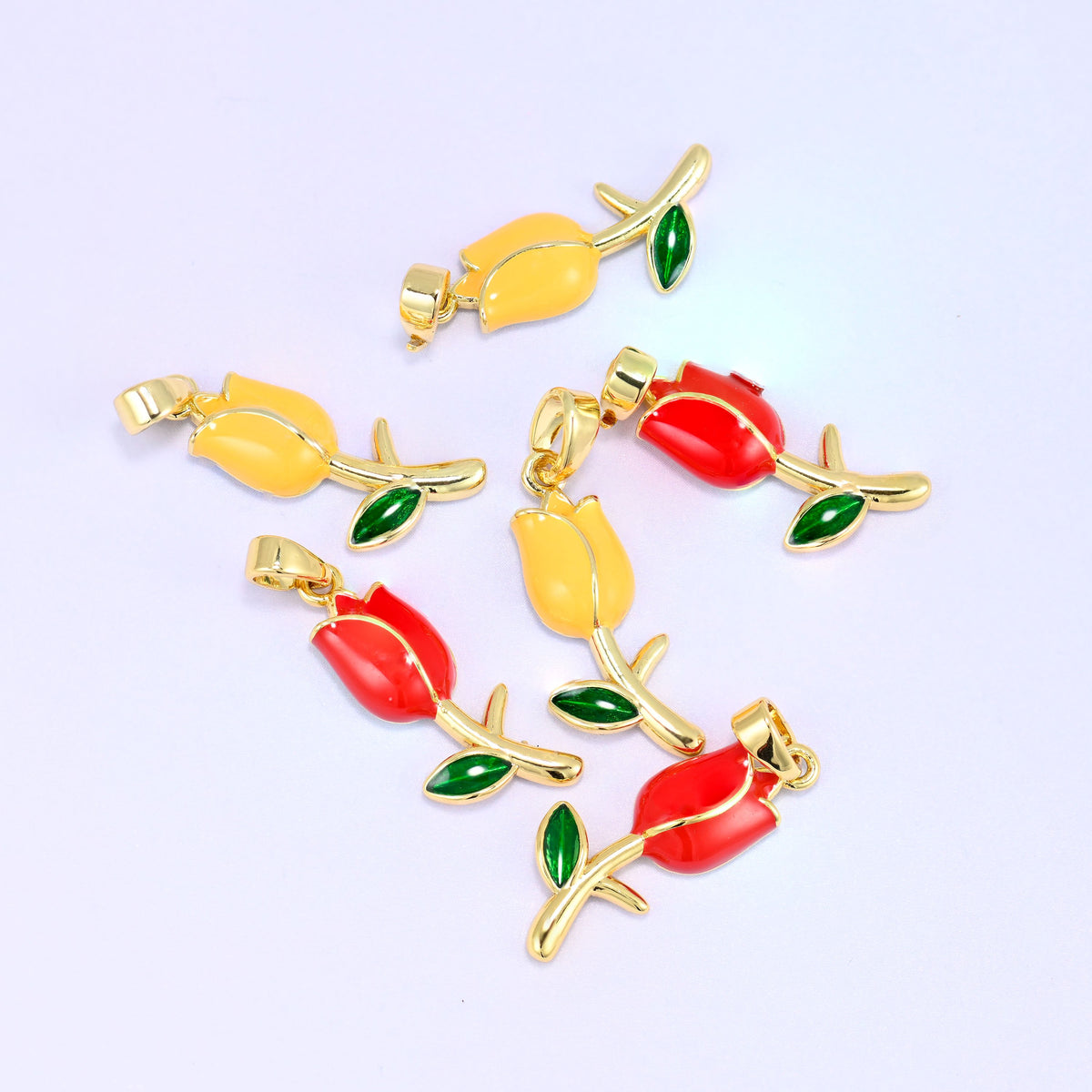 Enamel tulip charms in red and yellow together, 18K gold plated brass flower pendants with green enamel leaves