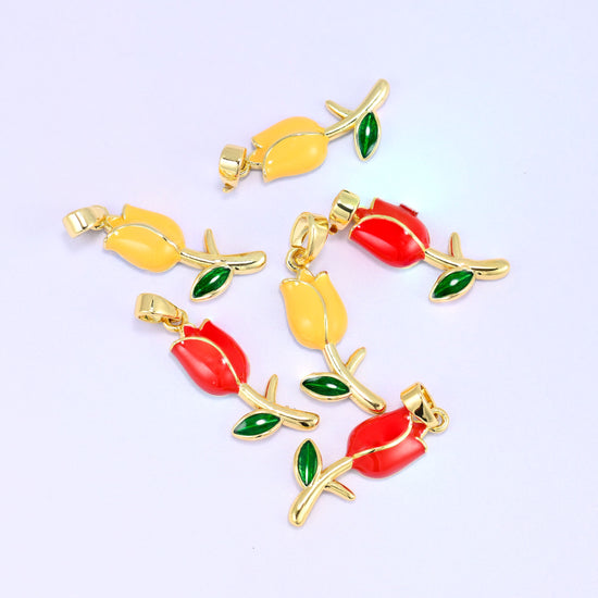 Enamel tulip charms in red and yellow together, 18K gold plated brass flower pendants with green enamel leaves