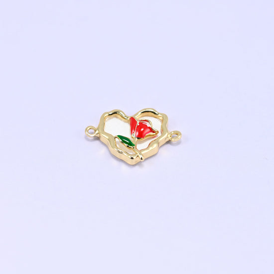 Cream-white enamel heart in an open scalloped 18K gold plated frame with a red enamel rose