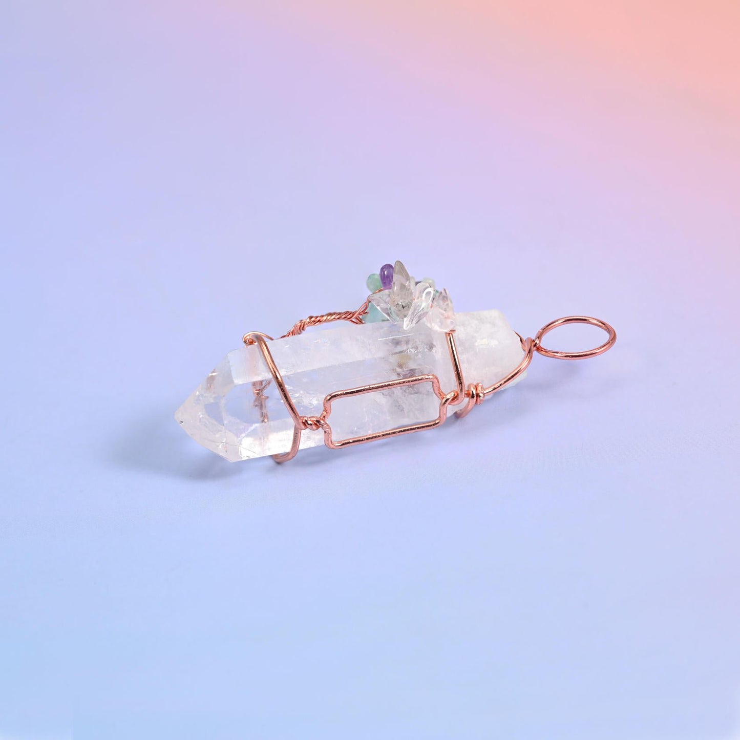 Clear Quartz Single Point Tower Pendant with Copper Wired Tree of Life, sold per piece