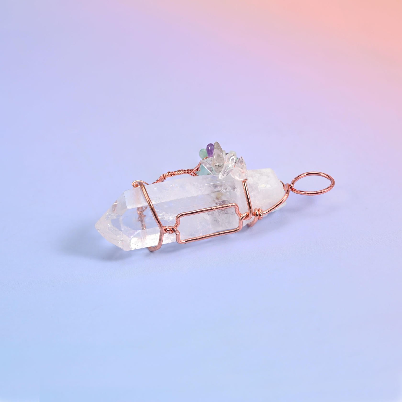 Clear Quartz Single Point Tower Pendant with Copper Wired Tree of Life, sold per piece