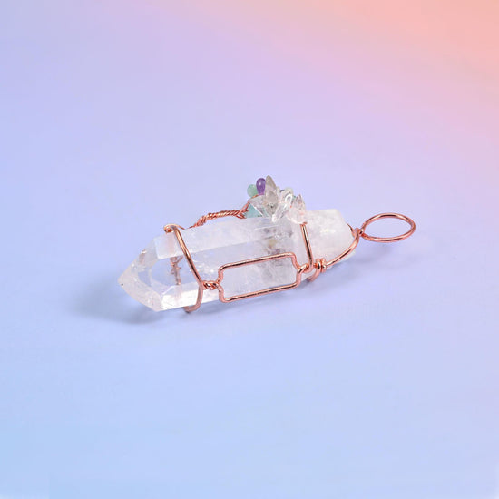 Clear Quartz Single Point Tower Pendant with Copper Wired Tree of Life, sold per piece