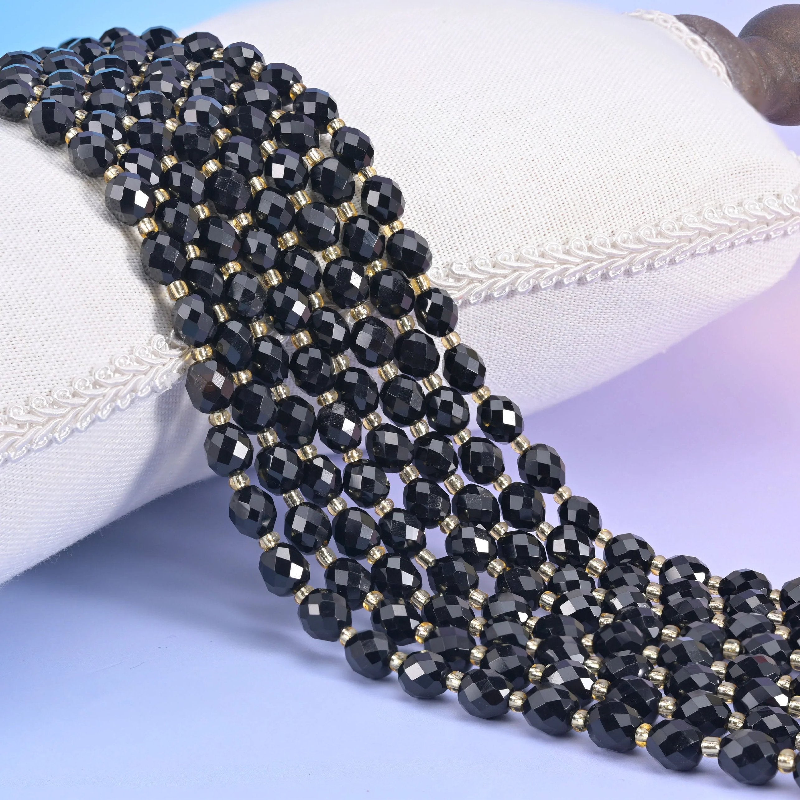 Black Obsidian Faceted Rice Barrel Beads 6x8mm