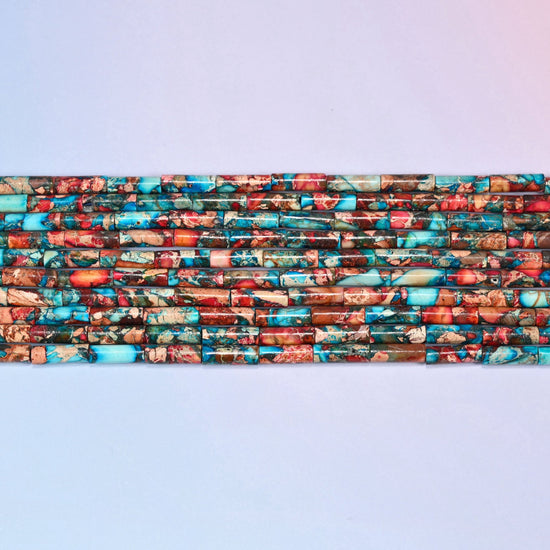 Sea Sediment Jasper Tube Beads in turquoise, coral red, rust brown and tan.