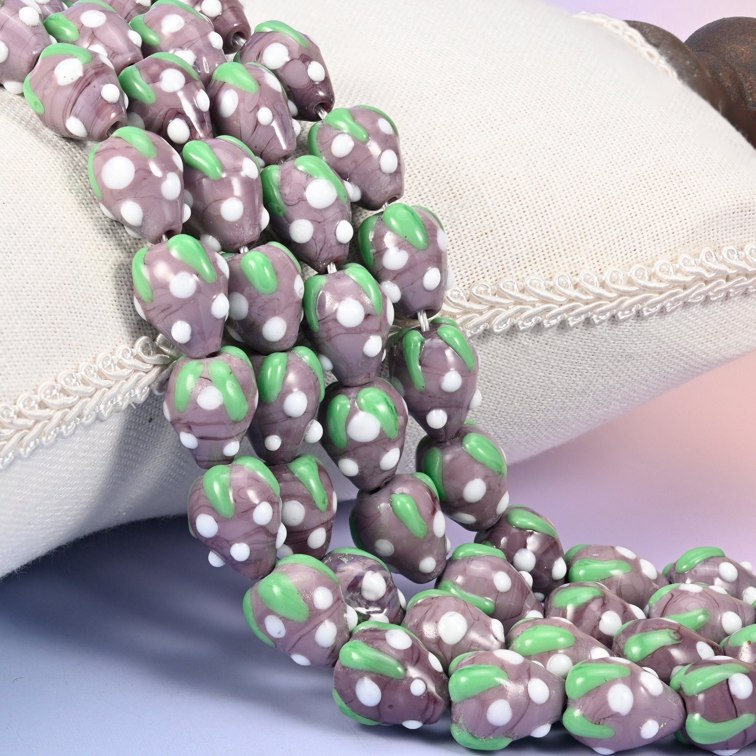 Purple White Dots Strawberry Glass Beads