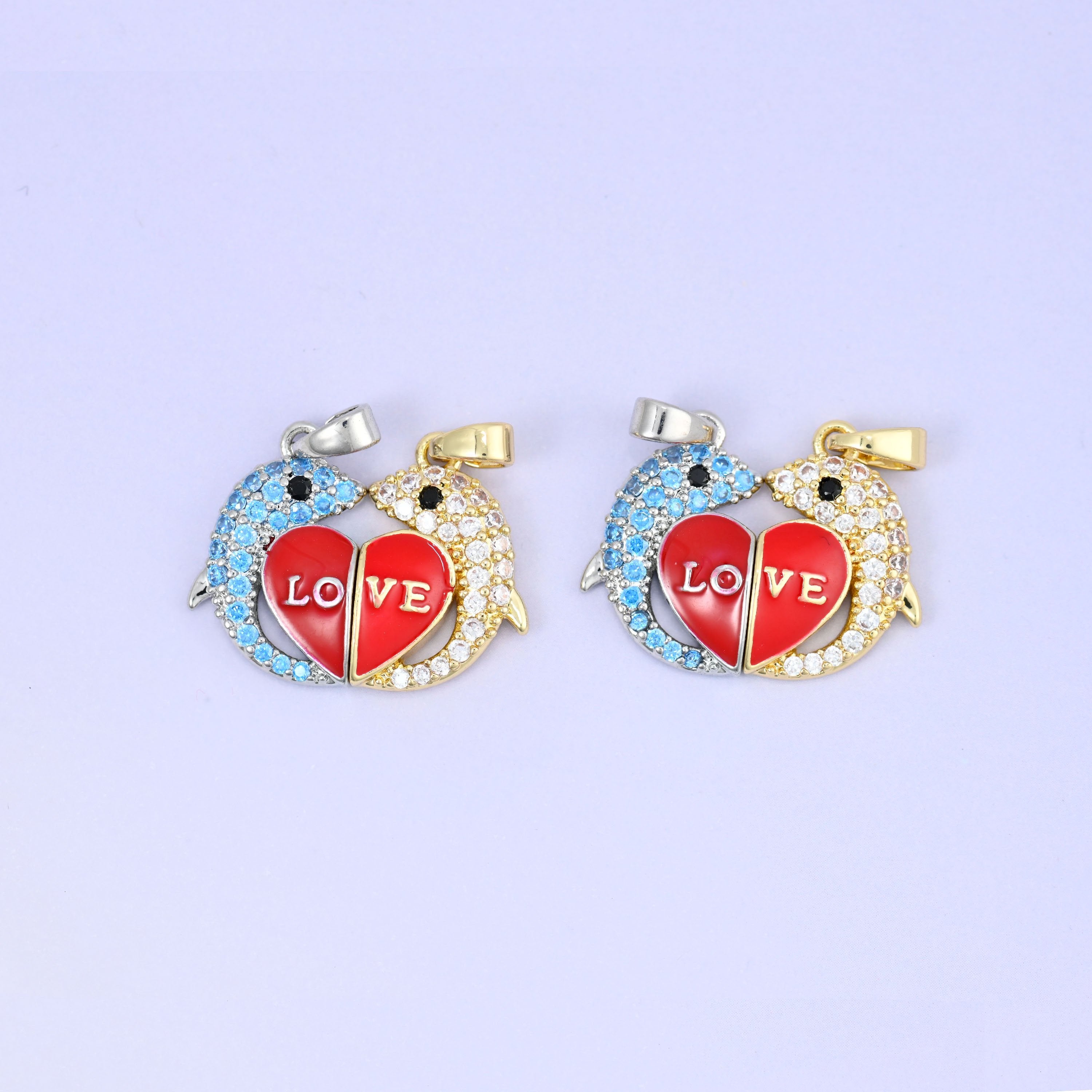 Brass dolphin heart pendants with red enamel LOVE lettering and clear zircon