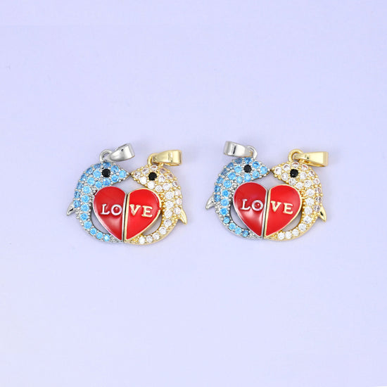 Brass dolphin heart pendants with red enamel LOVE lettering and clear zircon