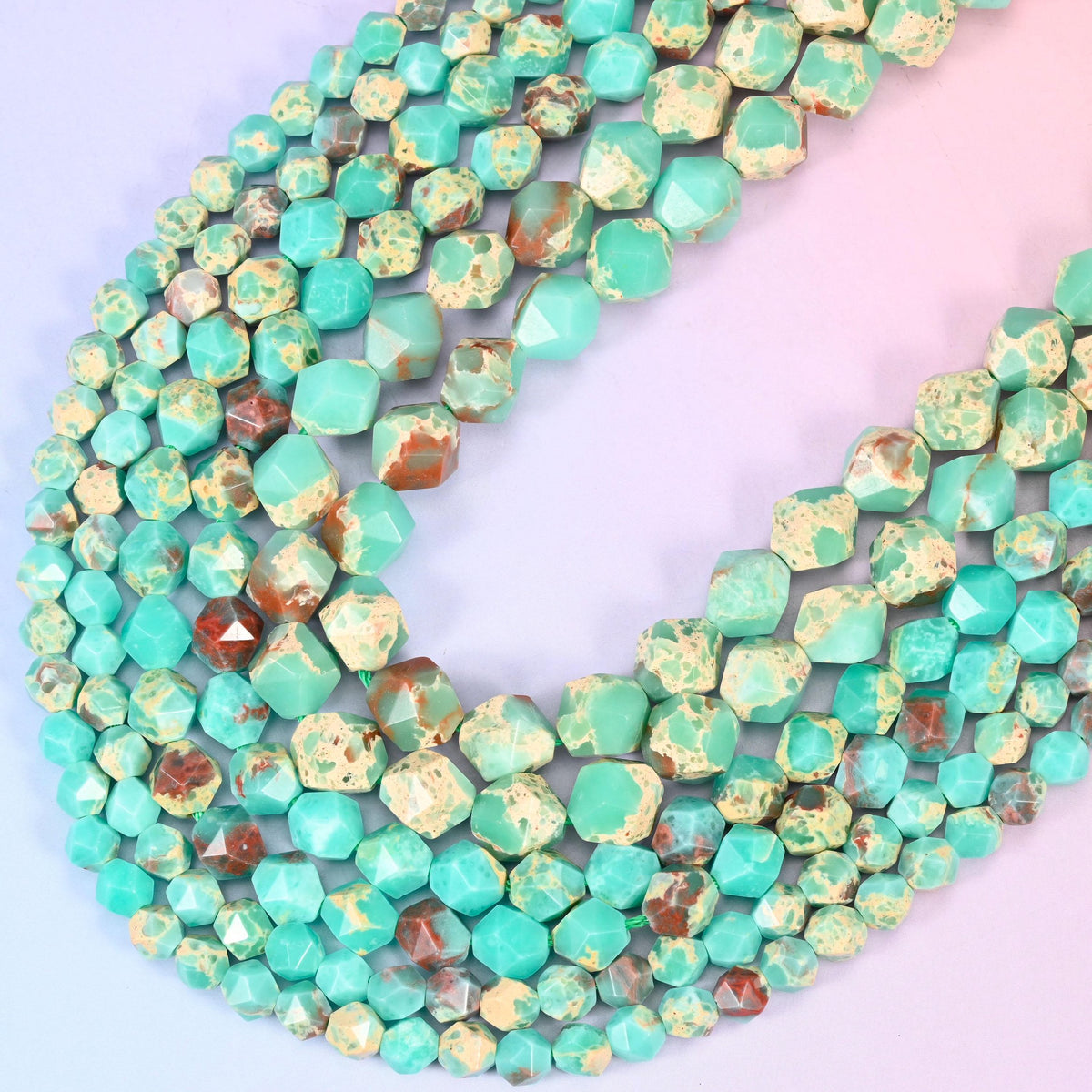 Green Shoushan Stone Beads: Faceted Diamond Star Cut, 15.5 inch strand