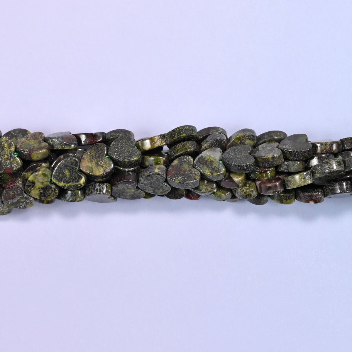 Dragon Bloodstone Flat Heart Beads, mottled olive and grey-green hearts splashed with dark brick red