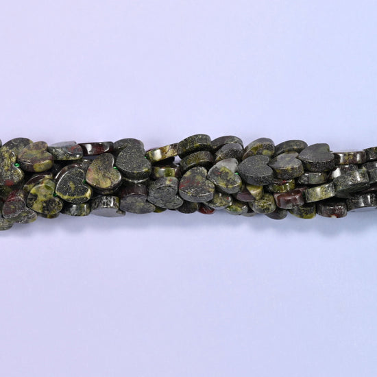 Dragon Bloodstone Flat Heart Beads, mottled olive and grey-green hearts splashed with dark brick red