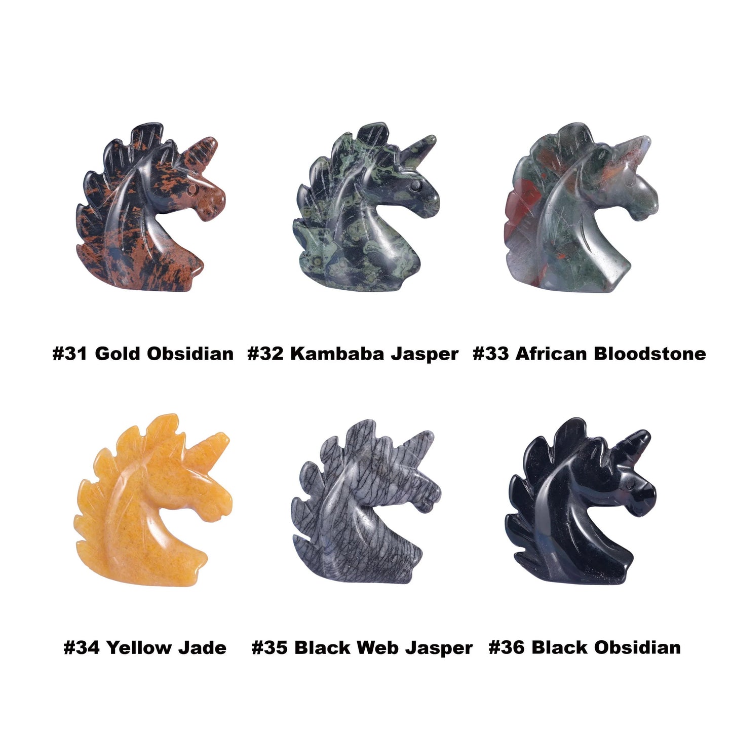 Hand-carved unicorn crystal figurine with a flowing swept-back mane, polished from natural stone