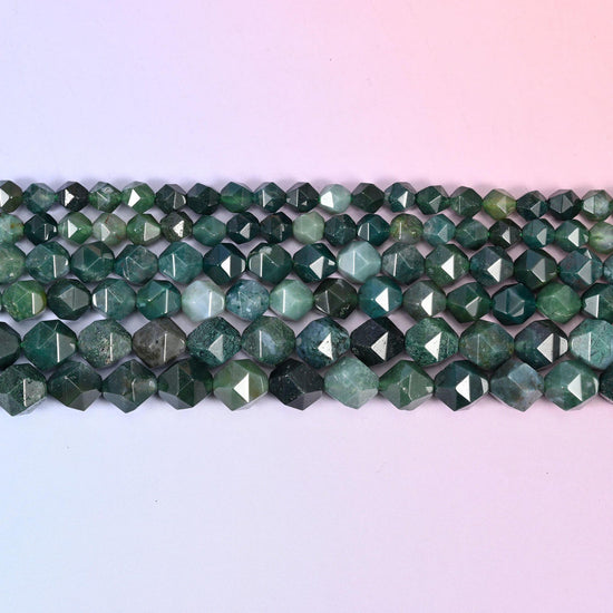 Moss Agate faceted beads in flat horizontal rows, green dendritic markings on translucent stone, sold per 15.5 inch strand