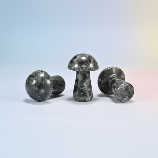 Three 2 inch black labradorite mushroom crystal carvings shown standing and lying, dark gray speckled natural stone