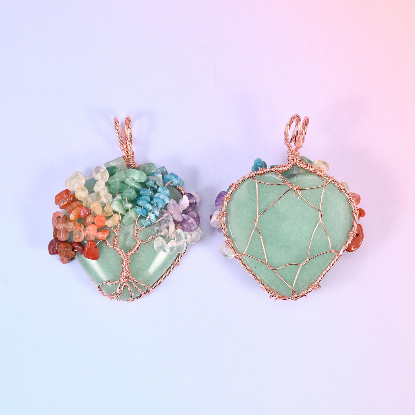 Copper wire wrapped heart gemstone tree of life pendant