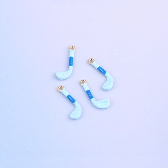 Four light blue golf club charms with blue enamel grips, 18K gold plated brass.