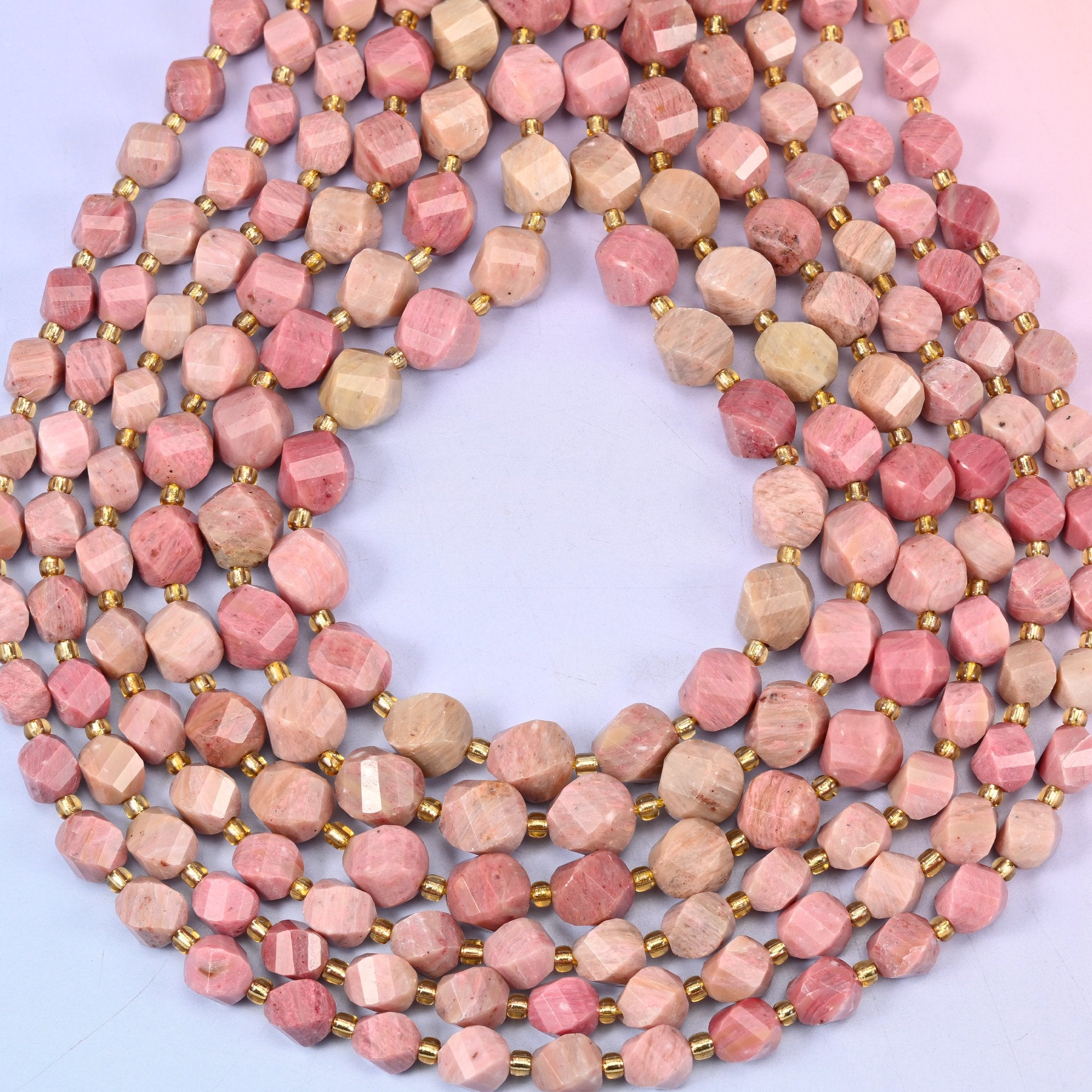 Pink Rhodonite Faceted Spiral Twist Beads: Size 8mm 10mm, Jewelry Making, 15 inch Strand