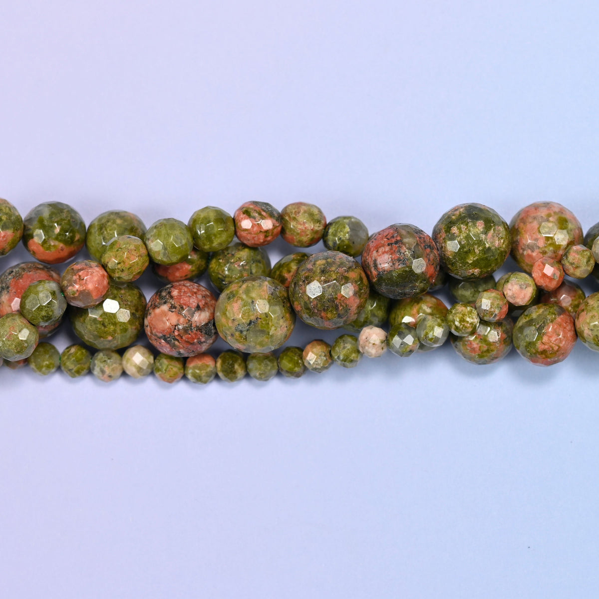 Unakite Faceted Round Beads, mossy olive and pistachio green blotched with dusty salmon pink