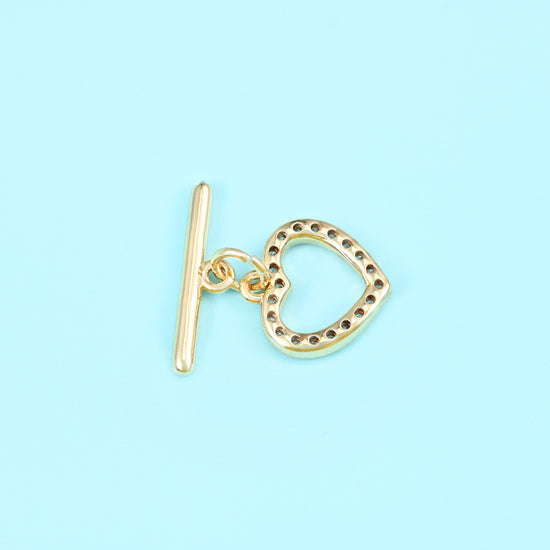 18K Gold Filled Heart Zircon Toggle Clasp, open heart outline paired with a slim polished T-bar