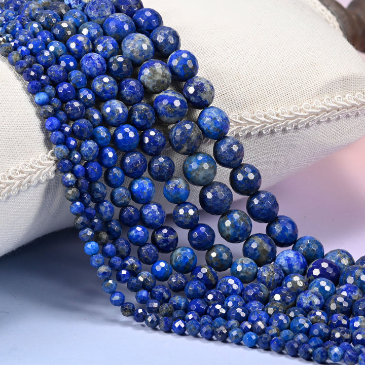 Lapis Lazuli Faceted Round Beads in deep royal blue with gold pyrite flecking.