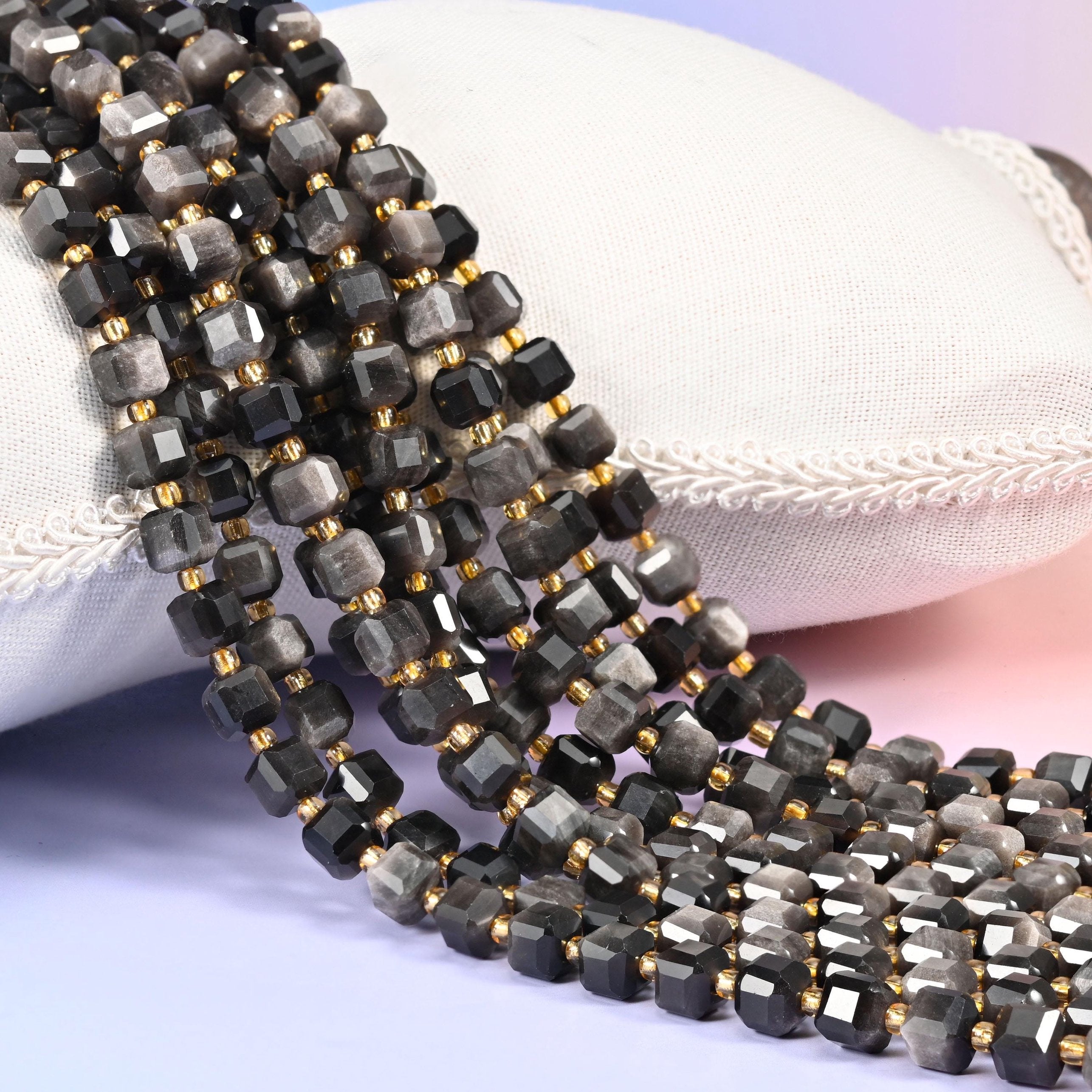 Silver Obsidian Faceted Cube Beads, natural volcanic glass with a soft silver sheen