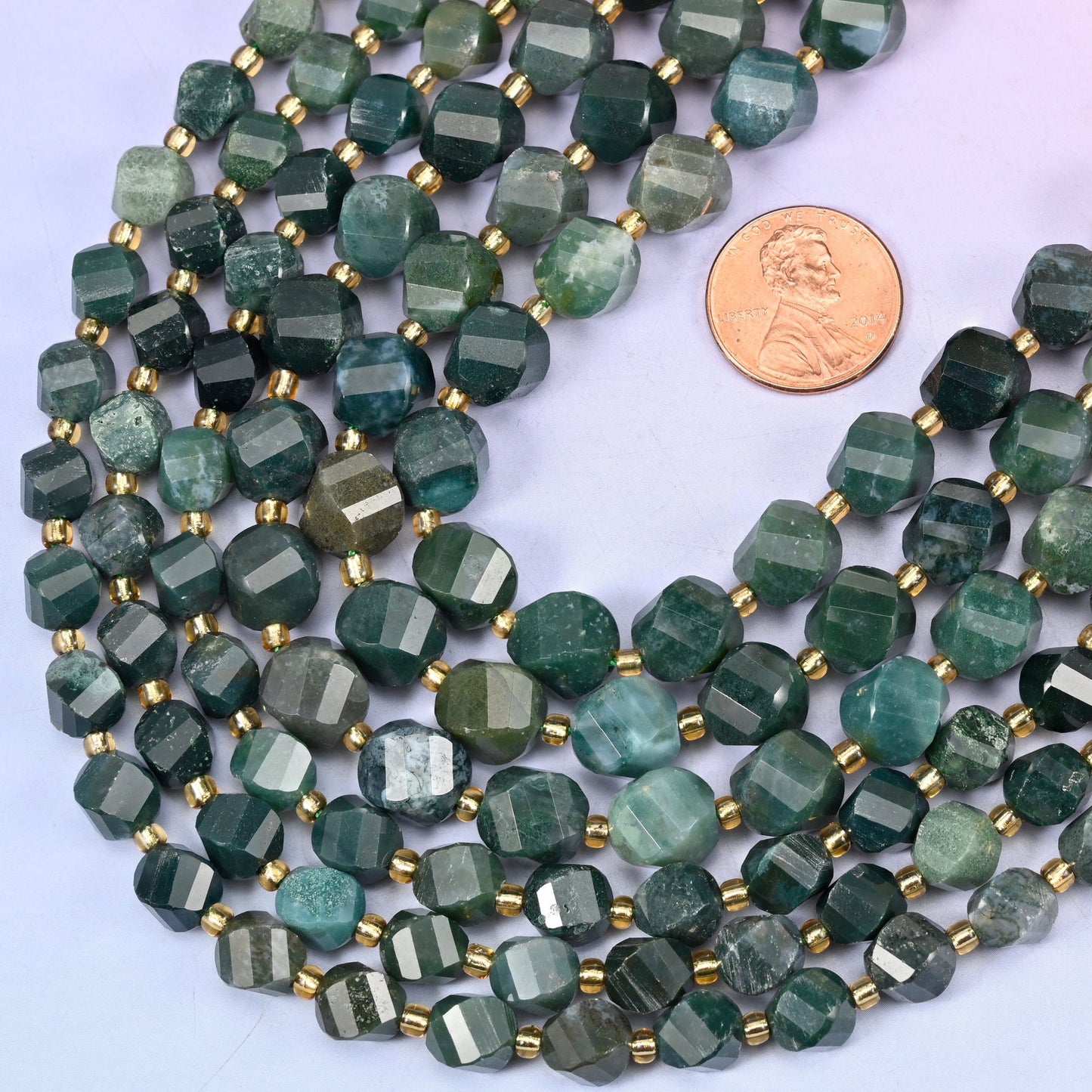 Faceted spiral twist cut Moss Agate beads