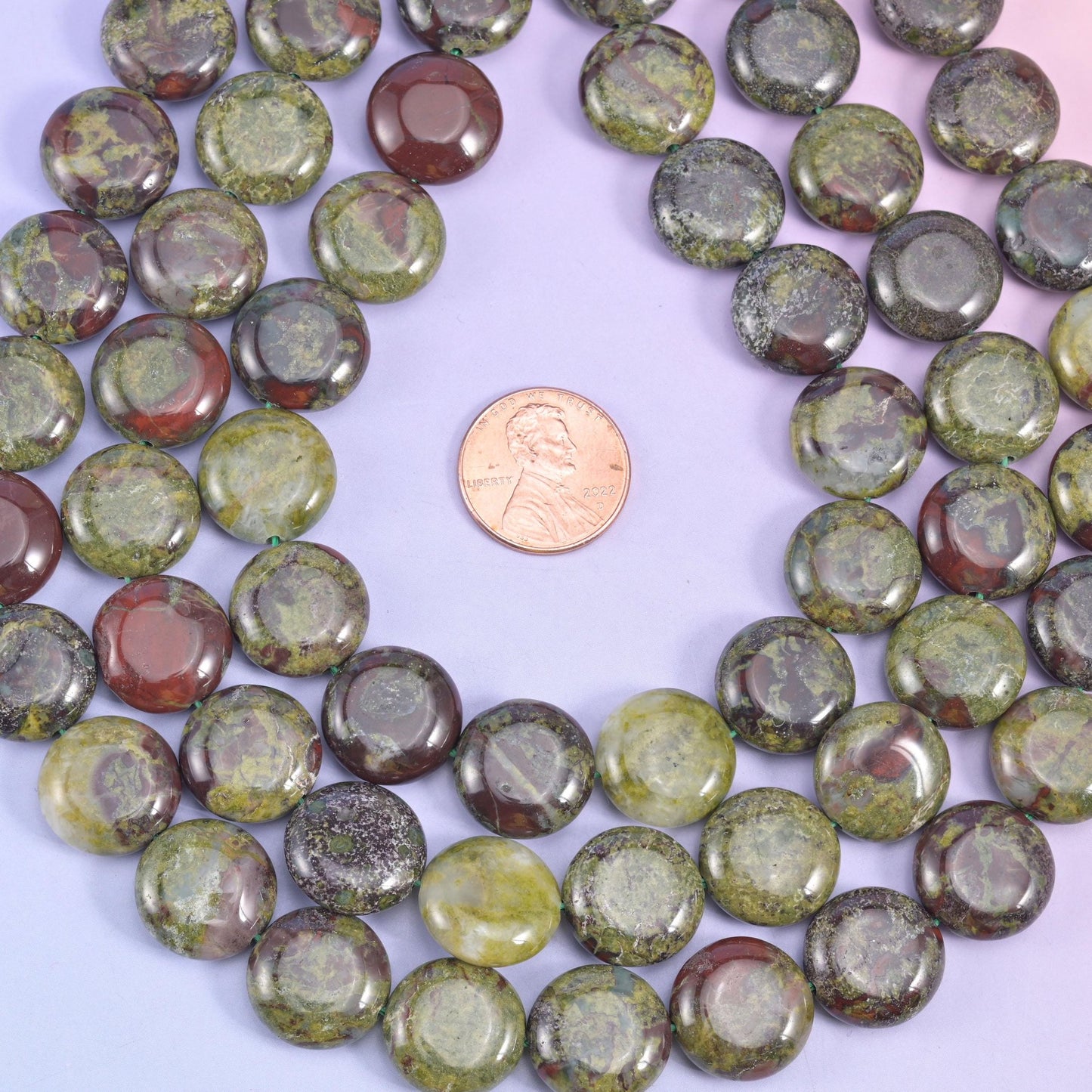 Dragon bloodstone coin beads, natural stone, deep olive and moss green discs blotched with oxblood red