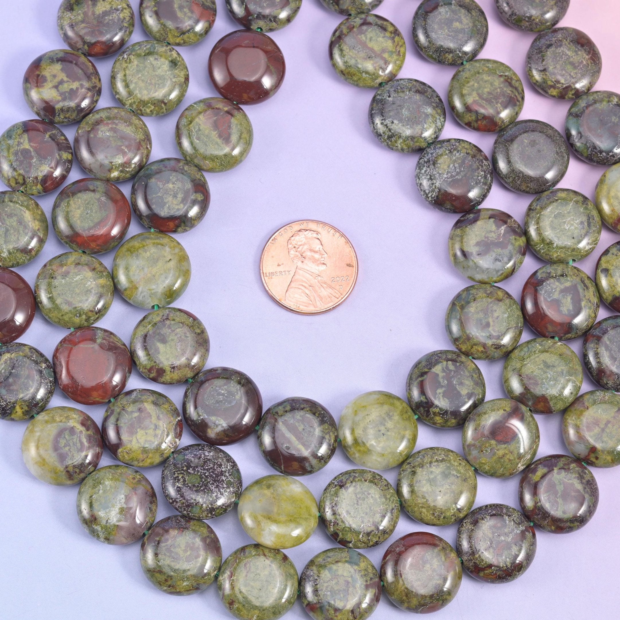 Dragon bloodstone coin beads, natural stone, deep olive and moss green discs blotched with oxblood red
