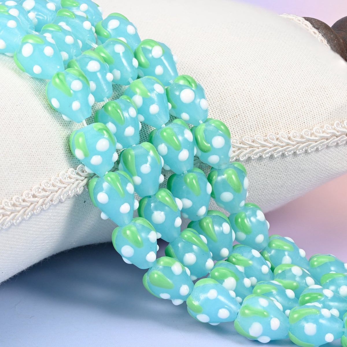 Blue White Dots Strawberry Glass Beads 15.5x12mm
