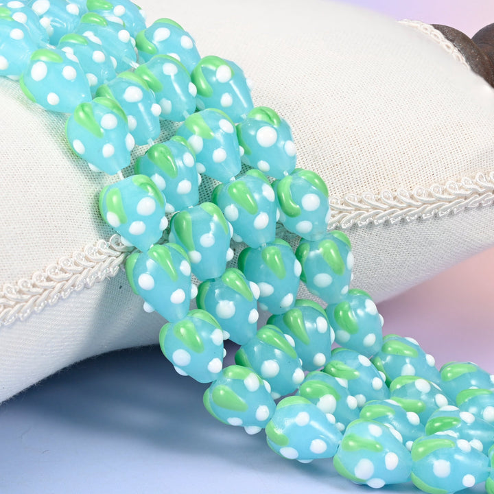Blue White Dots Strawberry Glass Beads 15.5x12mm