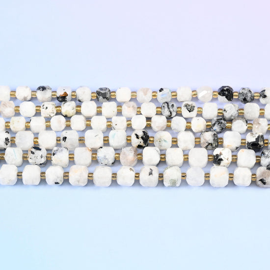 Blue Moonstone Faceted Cube Beads 6mm 8mm in milky white with black and grey speckling