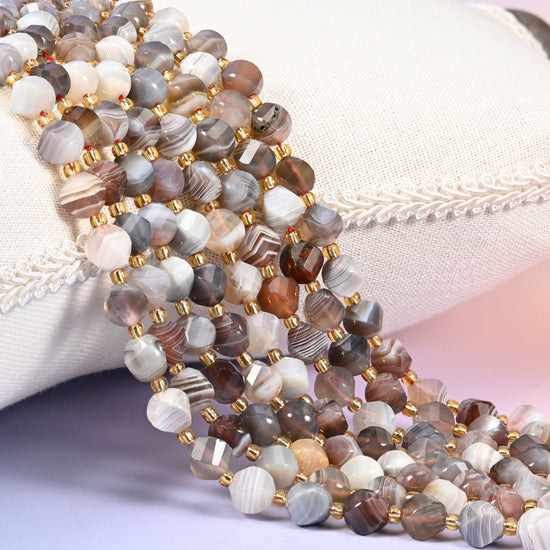 Botswana agate natural stone beads, 8mm faceted spiral twist, grey and cream banded gemstone strand for jewelry making