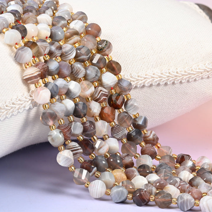 Botswana agate natural stone beads, 8mm faceted spiral twist, grey and cream banded gemstone strand for jewelry making