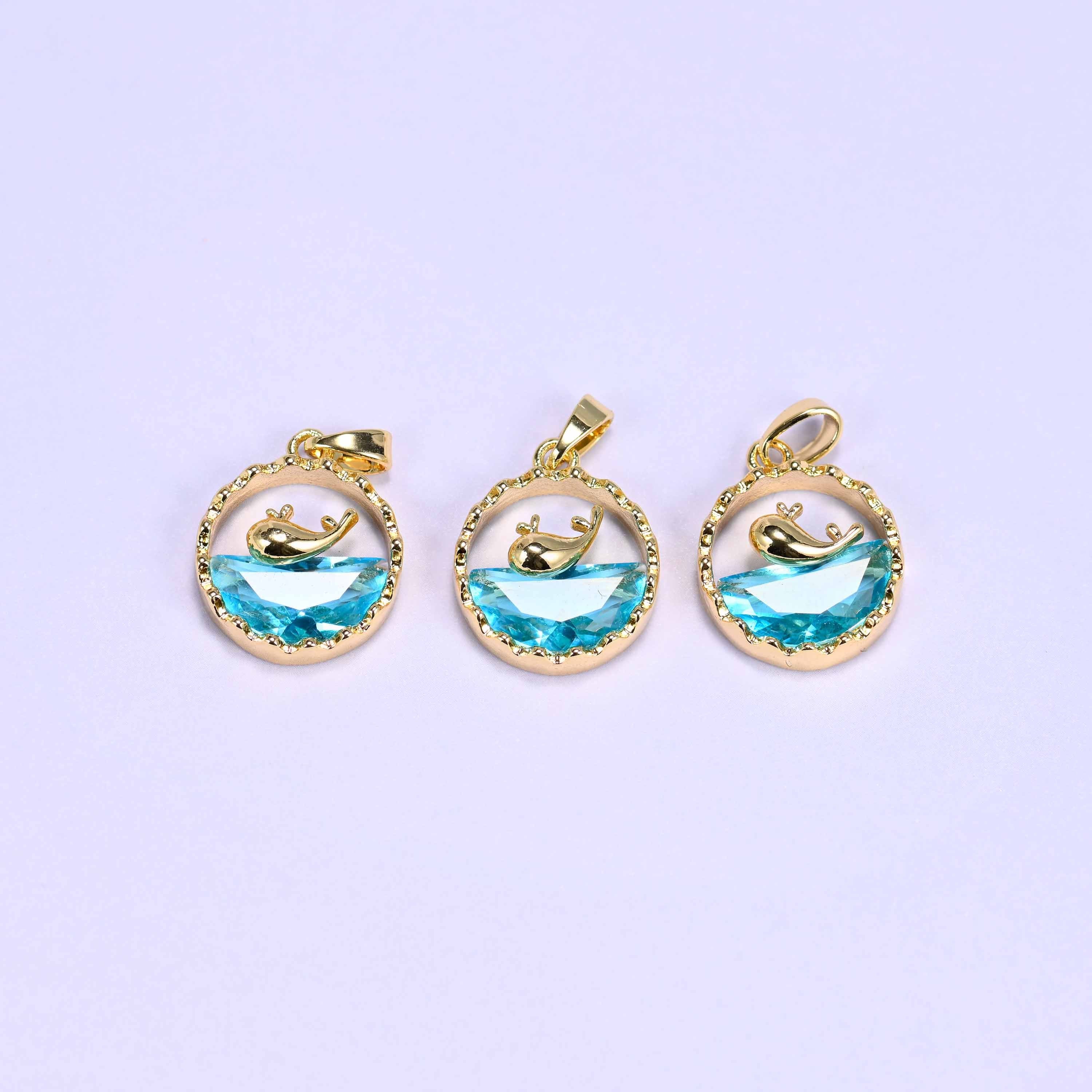 Gold round zirconia whale charm, approximately 17mm x 14mm