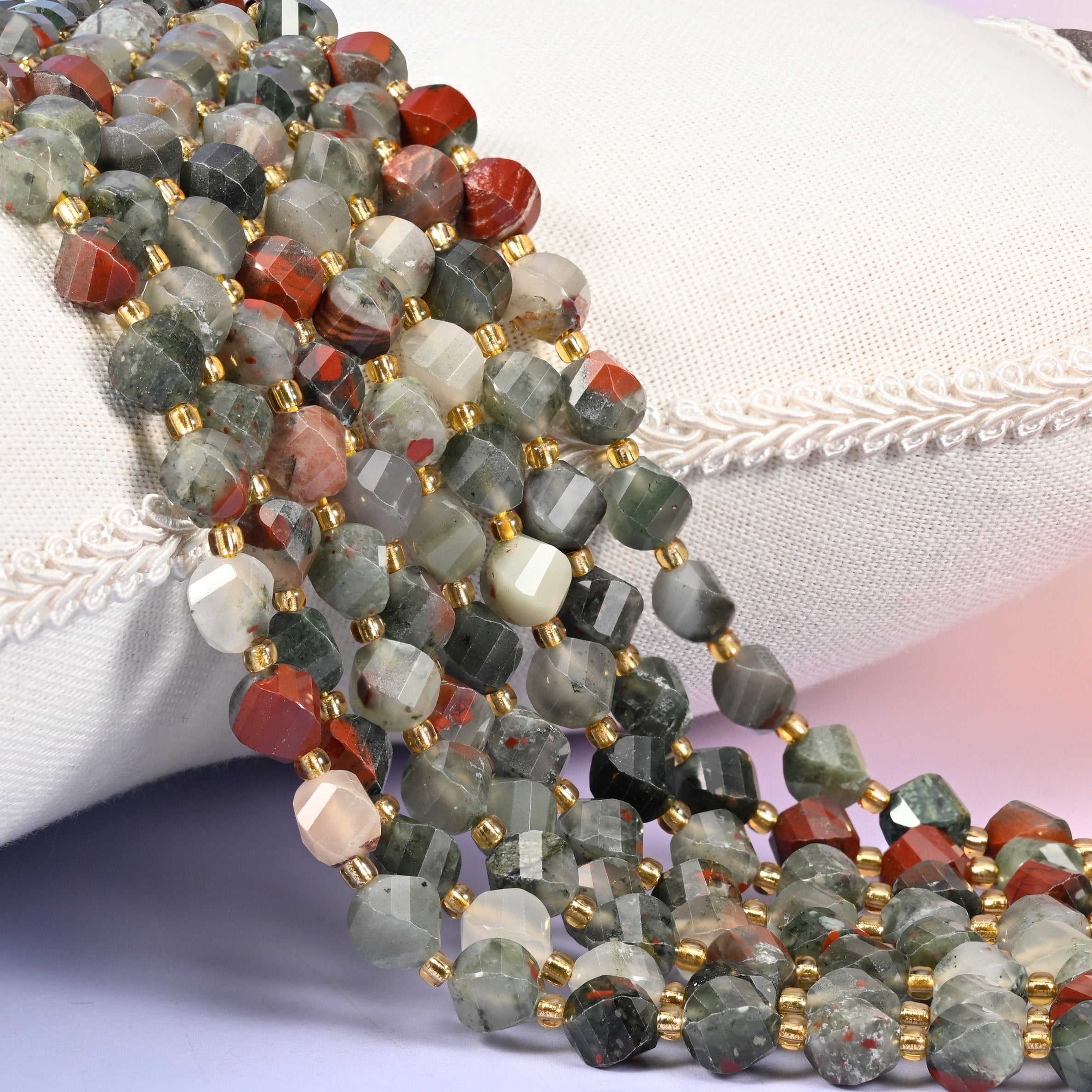 African Bloodstone Faceted Spiral Twist Beads 8mm 10mm