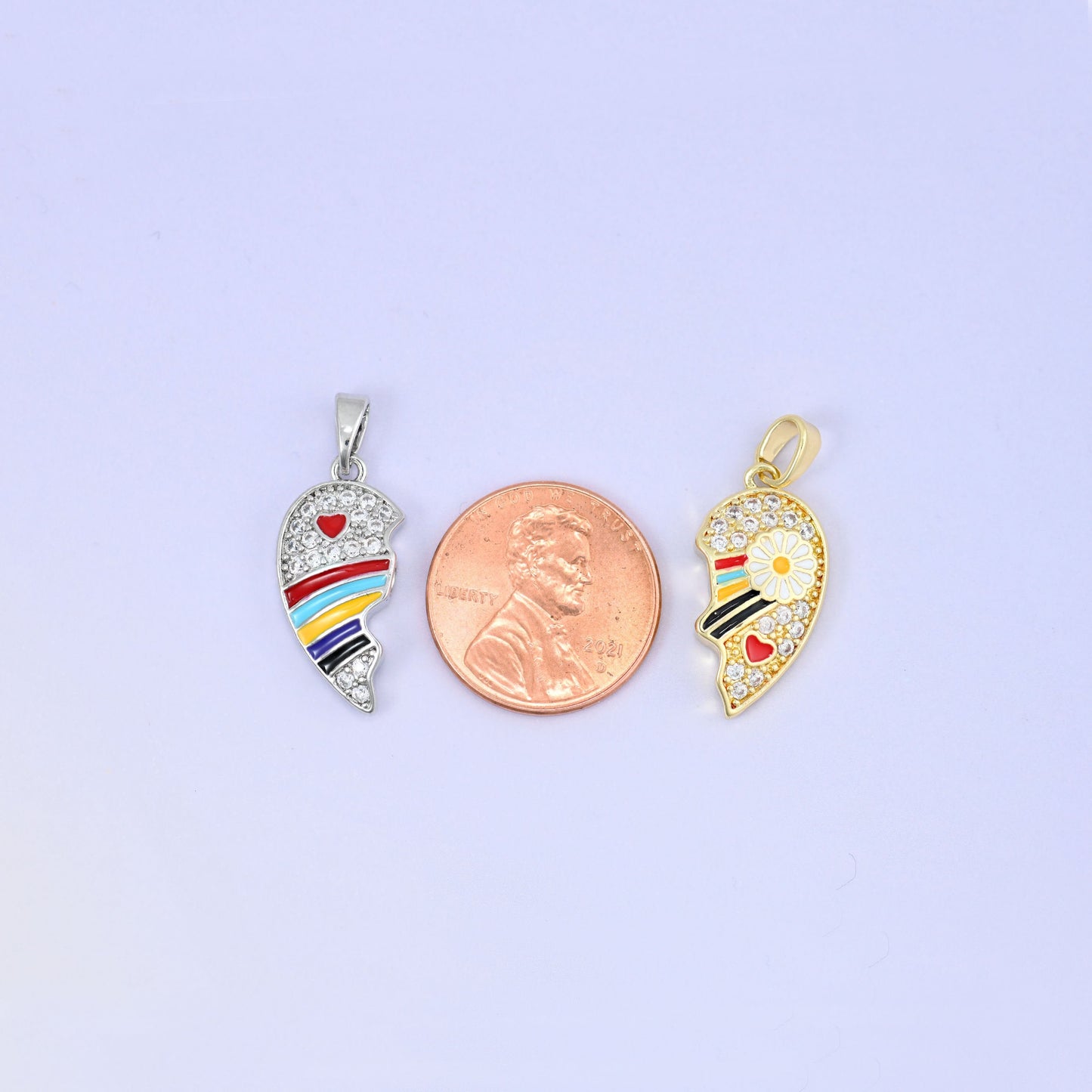 Magnetic Enamel Friendship Heart Zircon Pendants, bail on each half