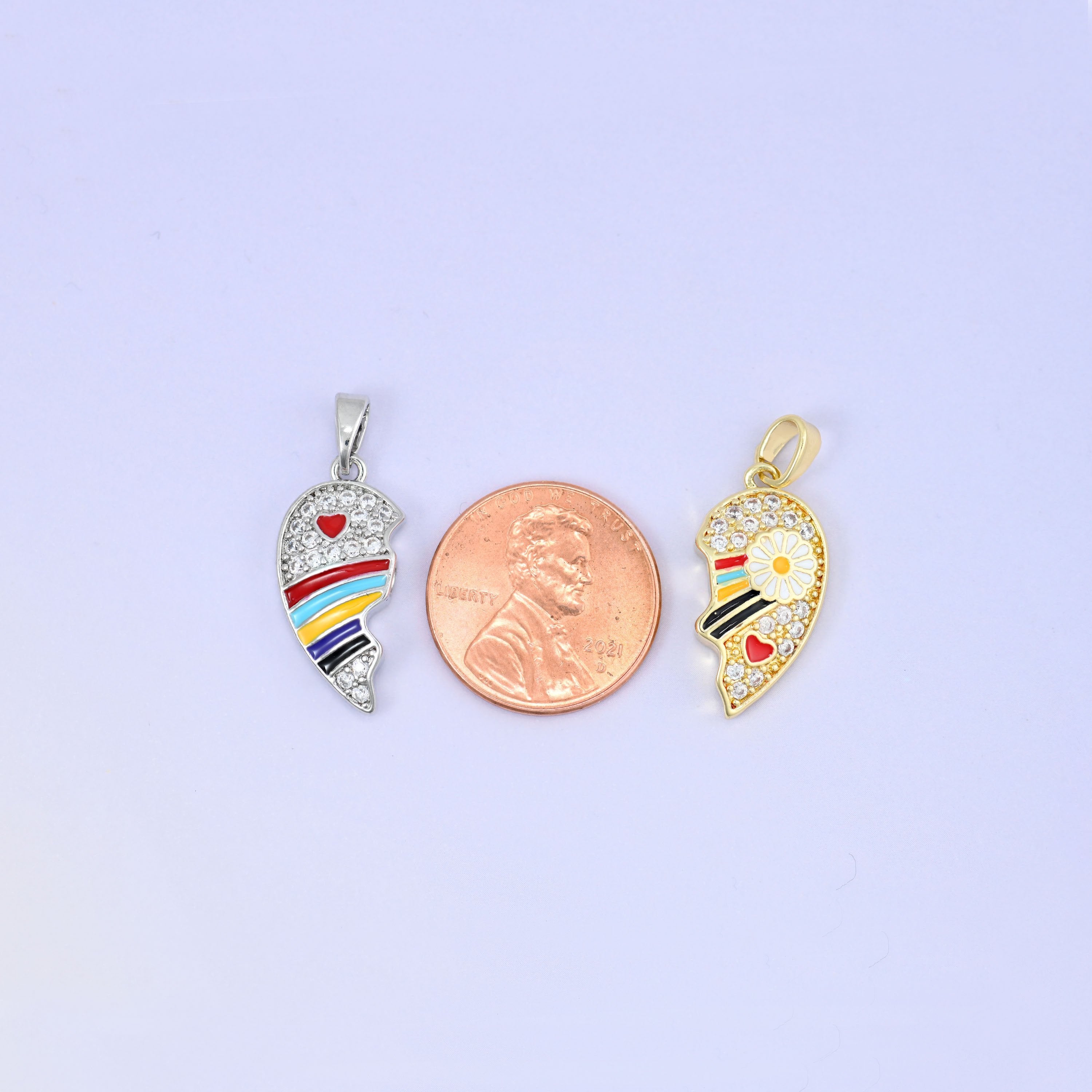 Magnetic Enamel Friendship Heart Zircon Pendants, bail on each half