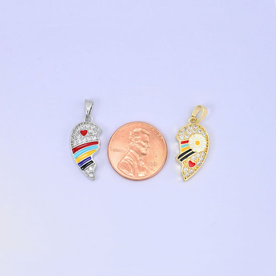 Magnetic Enamel Friendship Heart Zircon Pendants, bail on each half