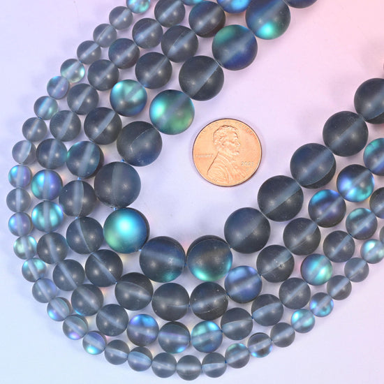 Round matte frosted grey glass beads with iridescent coating