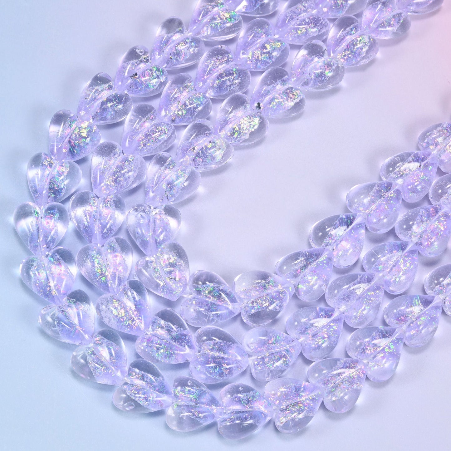 Iridescent Light Purple Heart Glass Beads, 11.5 inch strand